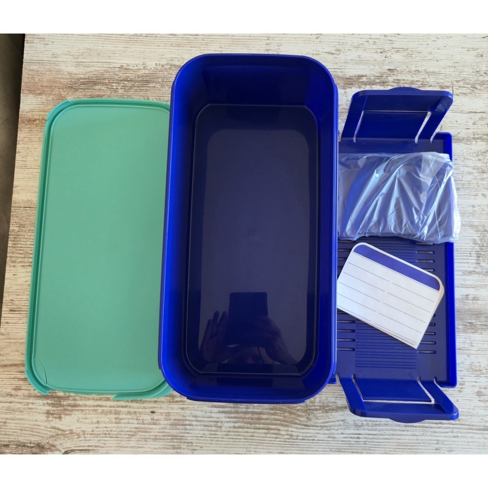 Vintage Tupperware Recipe Card File Box Blue Teal Lid Dividers Index Cards